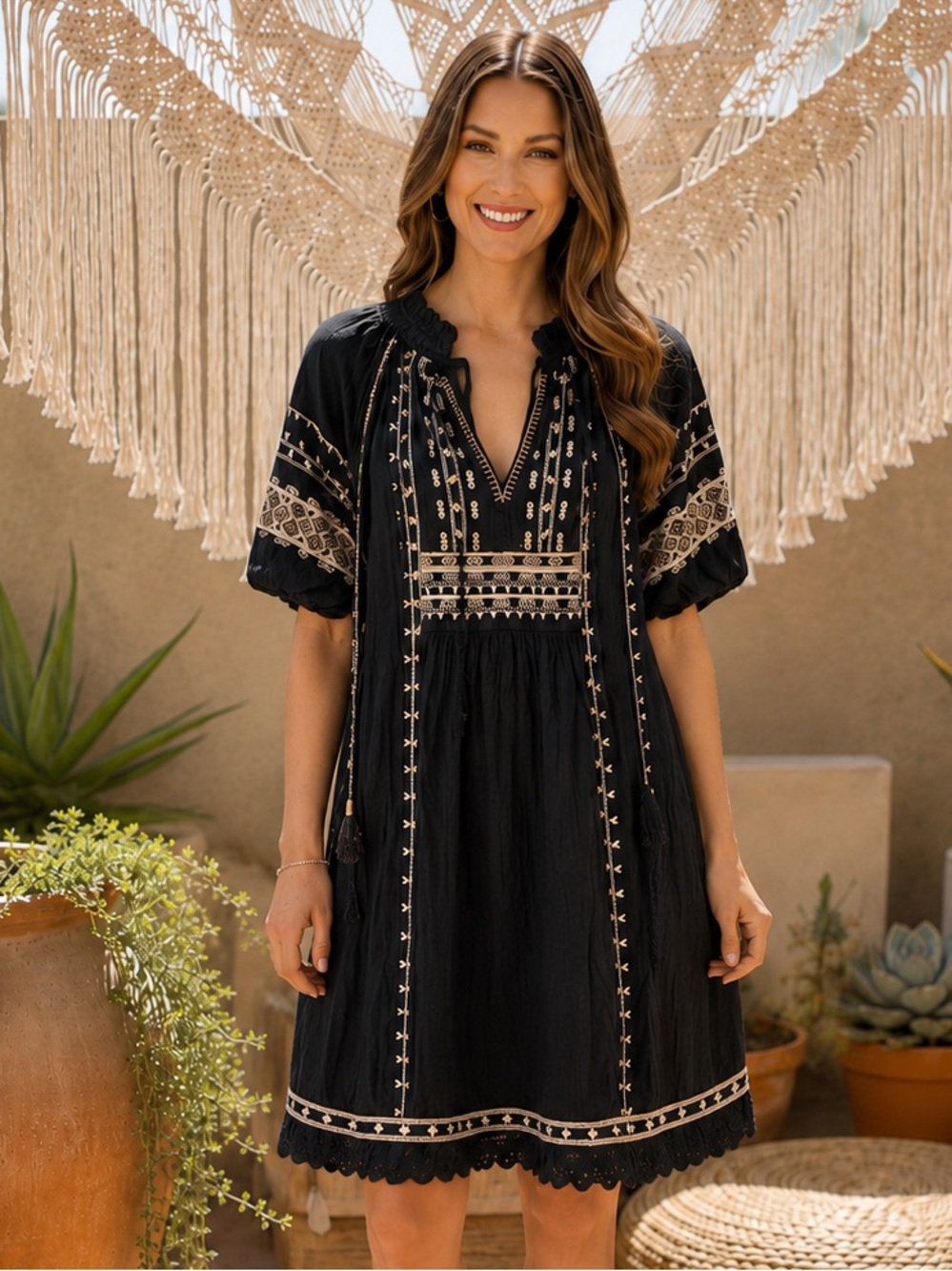 Reba Black 100% Cotton Mini Dress with Heavy Embroidery